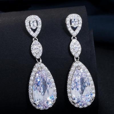 WWJ Wedding Jewelry Silver Color Sparkling Zirconia Drop Earrings