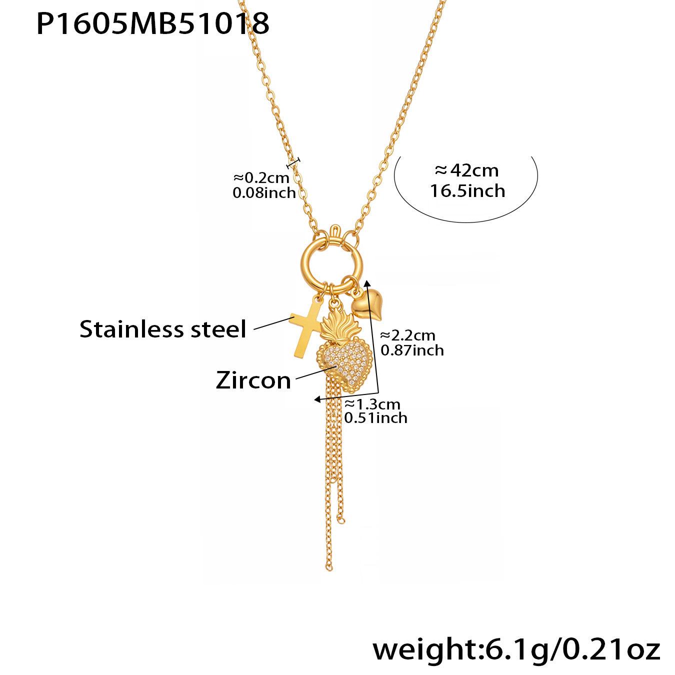 Qiong Yao Heart-Shaped Zircon Cross Tassel Pendant Clavicle Chain for Women - Non-Fading