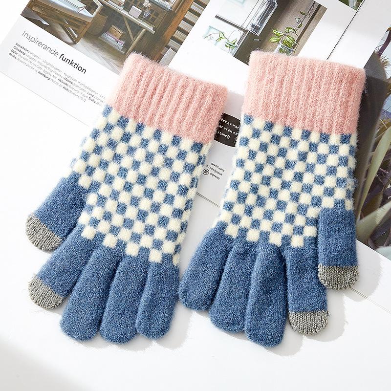 

Warm Knitted Gloves for Women New Touch Screen Winter Checkerboard Plaid Plus Velvet Color Matching Cycling Wool Gloves One size