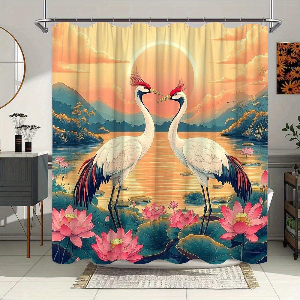 1pc Romantic Cranes & for Lotus Flowers Sunset Shower Curtain - 70. 86x70. 86 Inch Polyester Bathroom Decor with 12 Hooks,