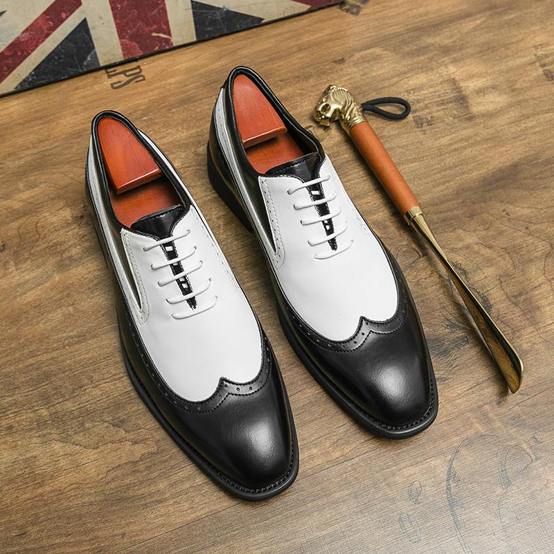 

New British Designer Lace Up Oxfords Classics Mens Pointed Black Brown White Patchwork Leather Shoes Wedding Dress Footwear 39
