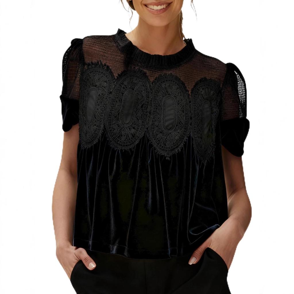 Fashion Net Mesh Embroidered Lace Round-neck Pullover Pure Velvet Loose Top