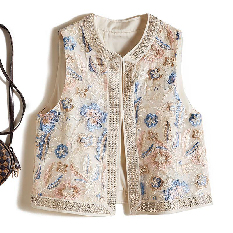 

Big N Foreign Trade Order! Organza Color Three-Dimensional Embroidered Petals Single-Breasted Vest Women Wear Beads Placket Outerwear Color L