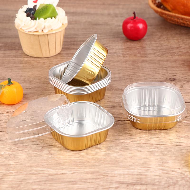10Pcs Square Aluminum Foil Baking Cups with Lids Heat Resistant Cupcake Liner Molds Dessert Cake Box With Lid Pastry Tools