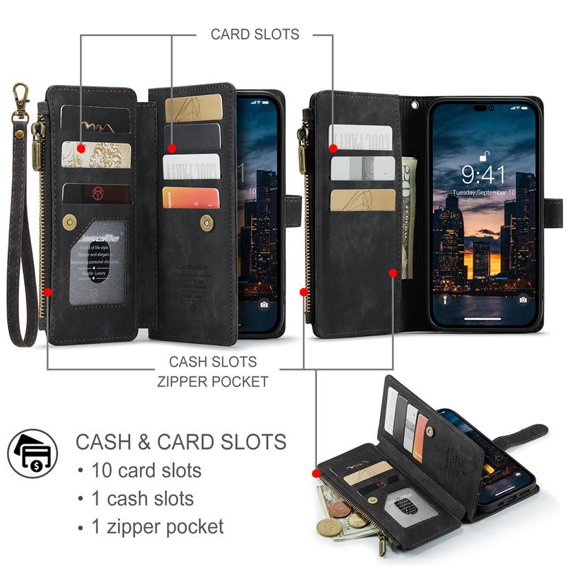 CaseMe Flip Leather Phone Case For iPhone 17 Pro Max 16 Plus 15 14 13 12 11 XS XR X Samsung S26 S25 FE S24 Ultra S23 S22 S21 Zipper Wallet Cards Cover