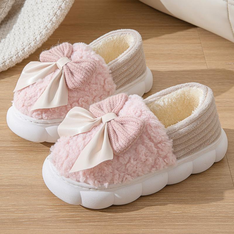 Cotton Slippers Autumn and Winter Bag Heel Bow Cotton Shoes Warm and Plush Household Fluff Cotton Mop Thickened Shoes