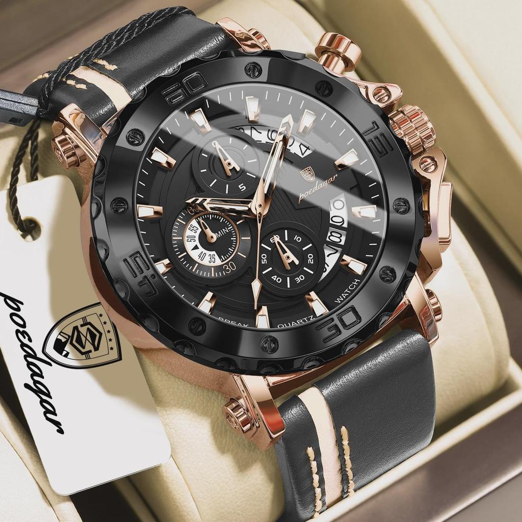 POEDAGAR Fashion Men's Quartz Chronograph Watch Luminous Waterproof with Leather Strap Ideal Gift for Men Business Casual