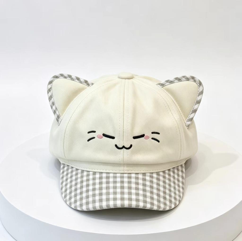Cute Cat Ear Plaid Decorative Beret Sun Protection Retro Big Head Circumference Octagonal Hat Showing Face Small Painter Newsboy Hat