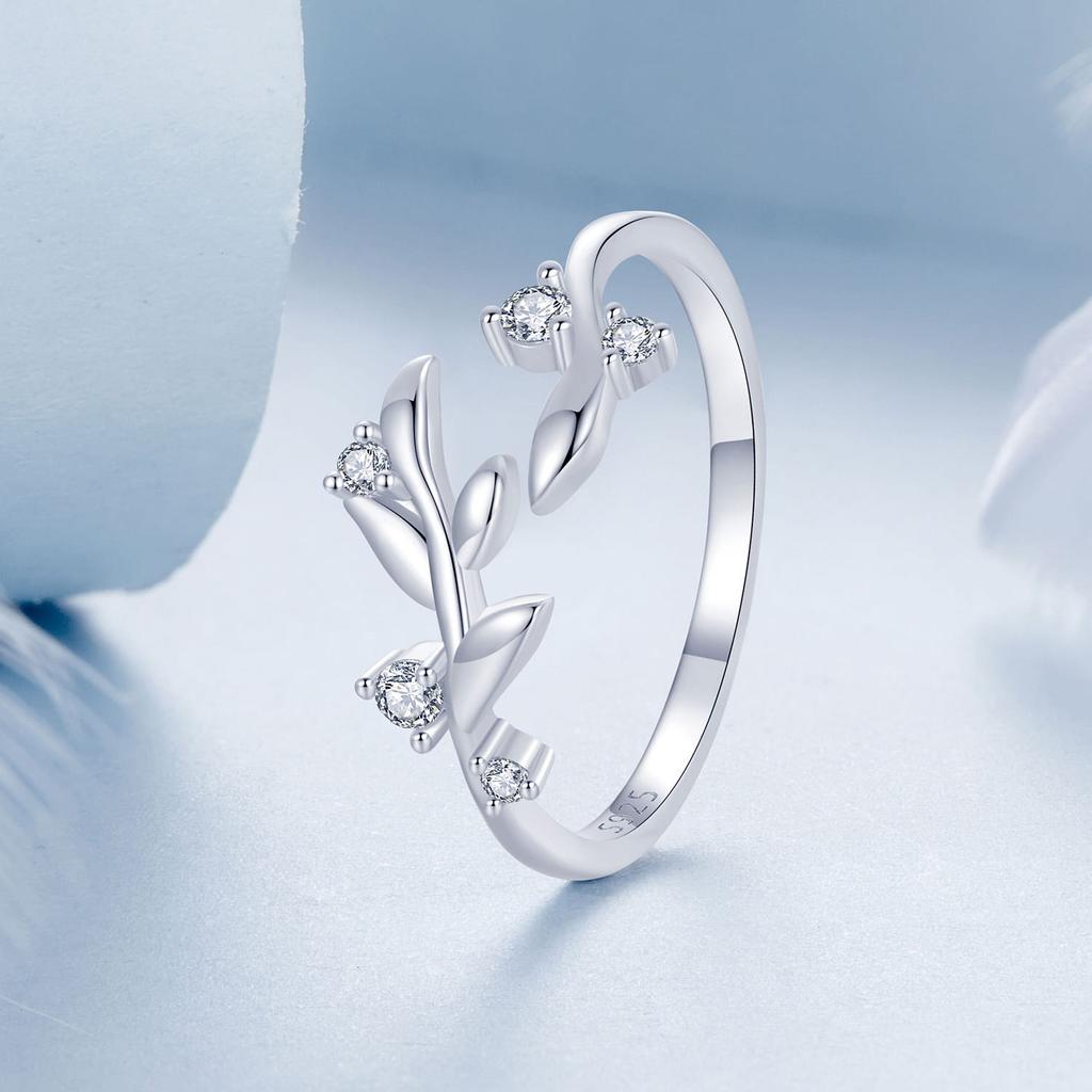 Silver Adjustable Branch Ring Decorated with Crystals, 925 Silver