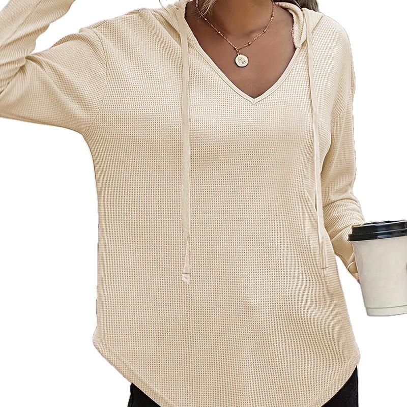 Elegant 2025 V-Neck Women's Hoodie - Soft Long Sleeve Drawstring Sweatshirt