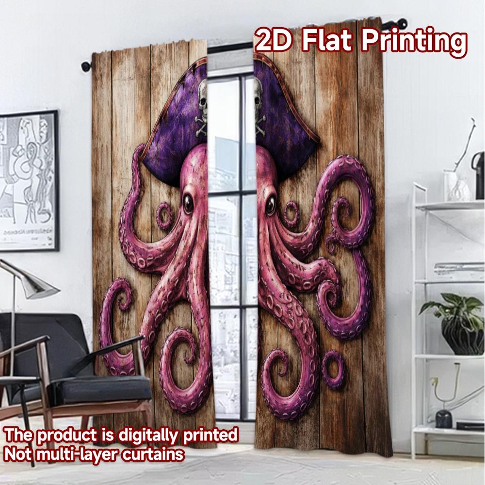 2D FLAT PRINTING 2pcs Curtains (Without Rod) Pirate Octopus On Wood Chic Contemporary Curtains Prints Light Filtering Curtains