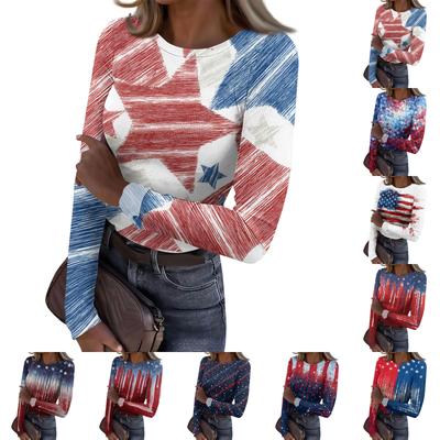 Women's Casual Fashion Round Neck Independence Day Print Long Sleeve Ribbed Top