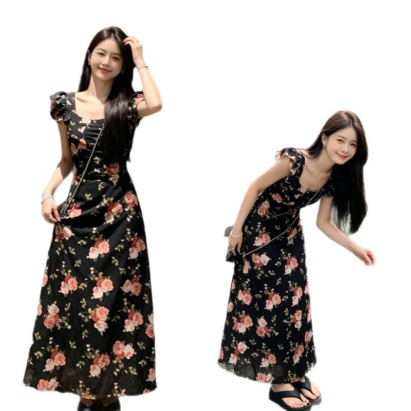Vacation-style Small Fly-sleeve Square-neck Floral Dress for Women, Summer French Vintage Waist-cinching Tea Break Dress, Long Dress