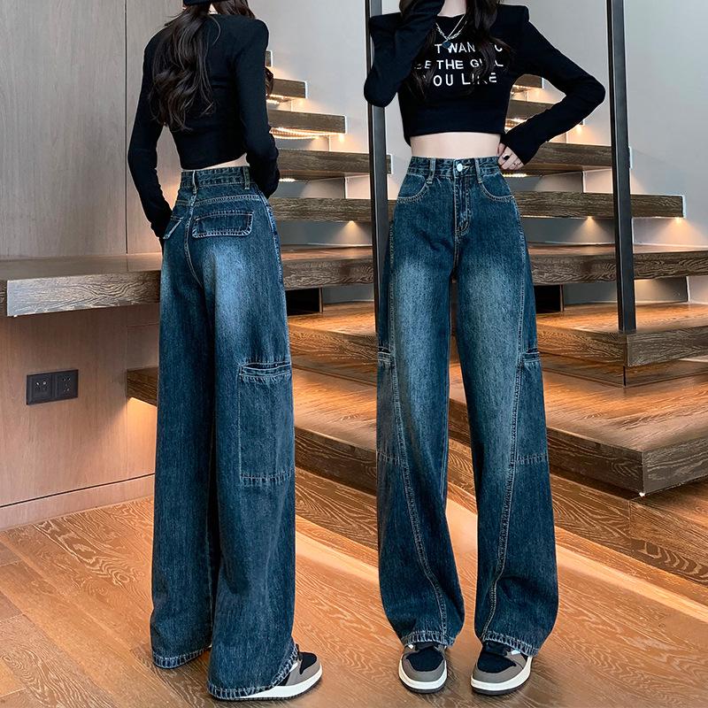 

Women s Blue-Gray High-Waisted Wide-Leg Jeans - 2025 Trendy Straight-Leg Floor-Length Pants Extra Large