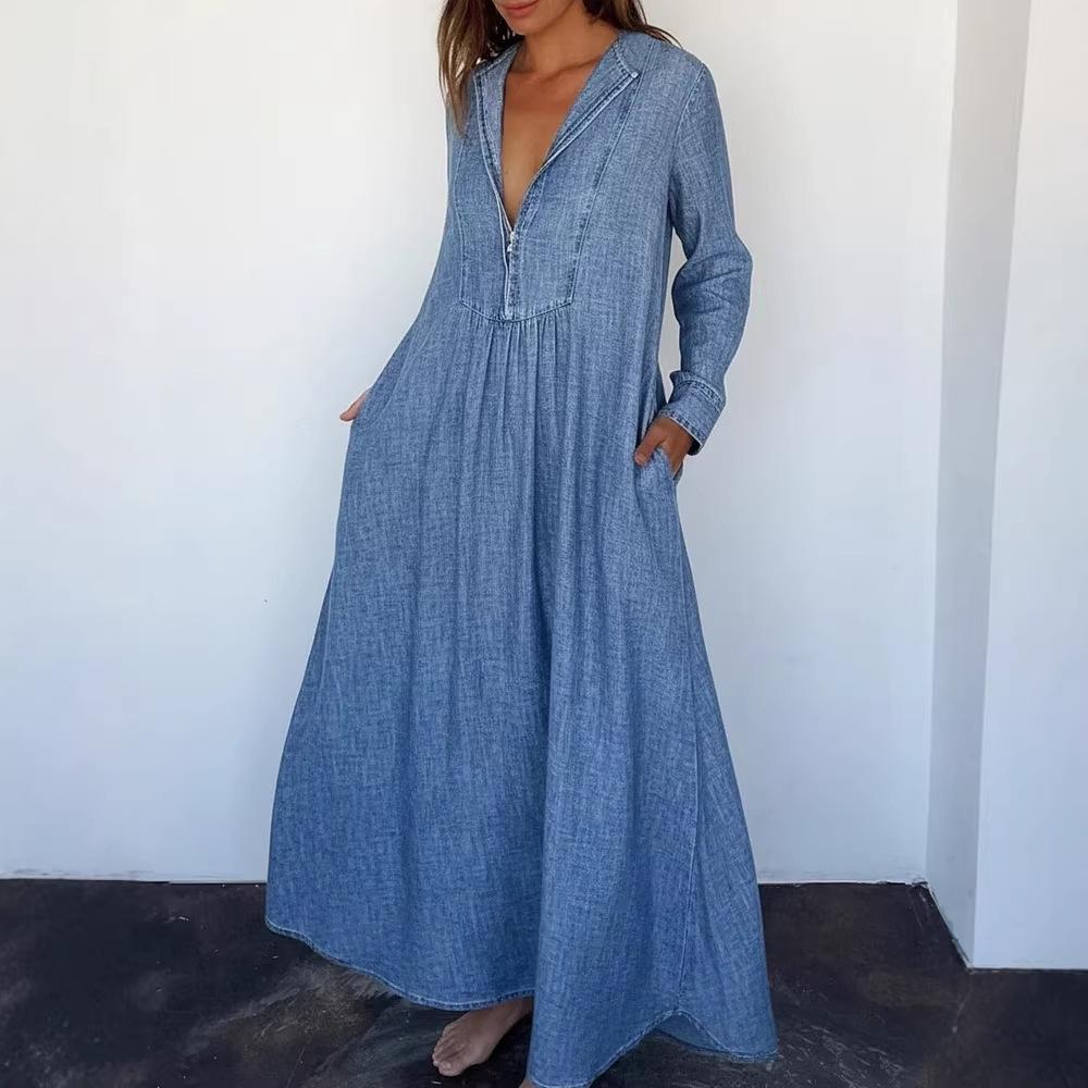 Loose Comfortable V-neck Denim Maxi Dress with Pockets