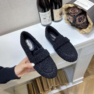 Mocasines Peludos de Suela Gruesa para Mujer, Zapatos de Frijol de Lana de Cordero para Otoño e Invierno, Algodón Plus Terciopelo, Tallas 41-43 Disponibles
