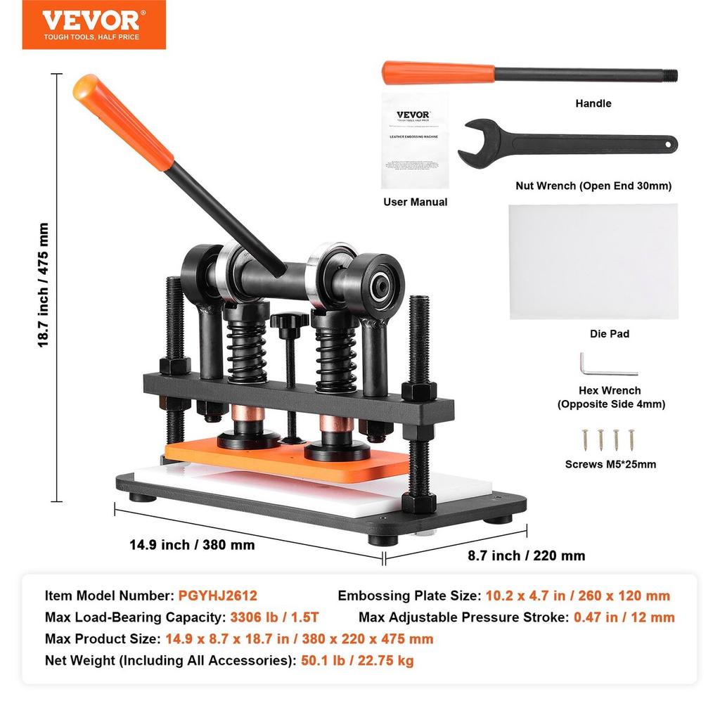 Leather Cutting Machine, 10.2 x 4.7 in Embossing Plate Manual Die Cutter, 0.47 in Pressure Stroke Leather Embossing Machine, Dual Guide Shafts Die Cut