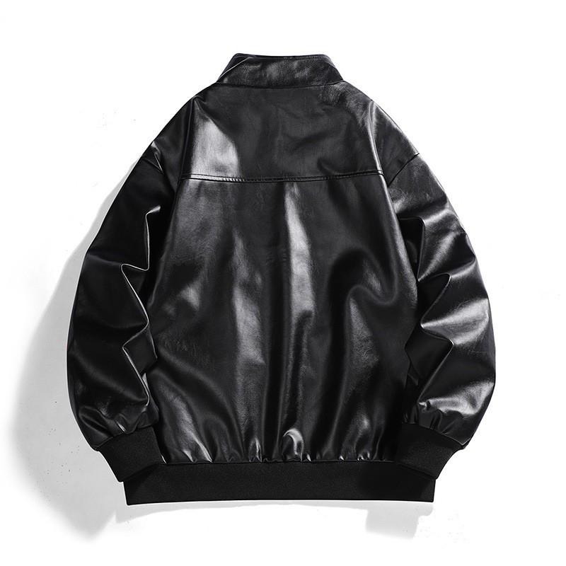 Mens PU Leather Biker Jacket Casual Streetwear Loose Fit Stand Collar Zipper Front