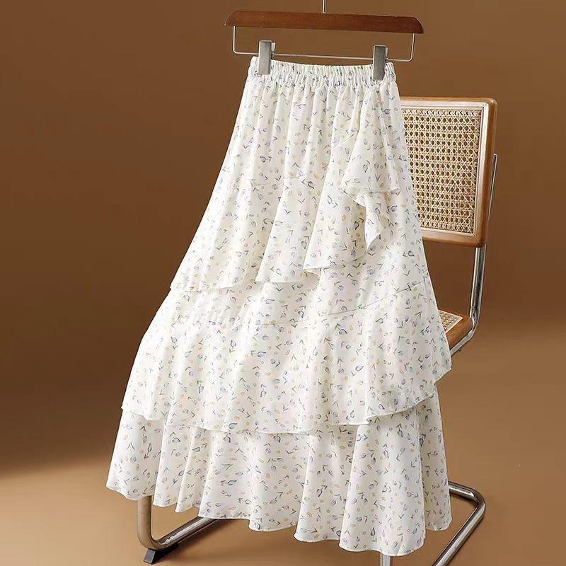 Summer Floral Skirt 2025 Ear Thin Medium and Long High Waist Skirt Long Skirt Trendy High Waist Floral Print Tiered Midi Skirt M