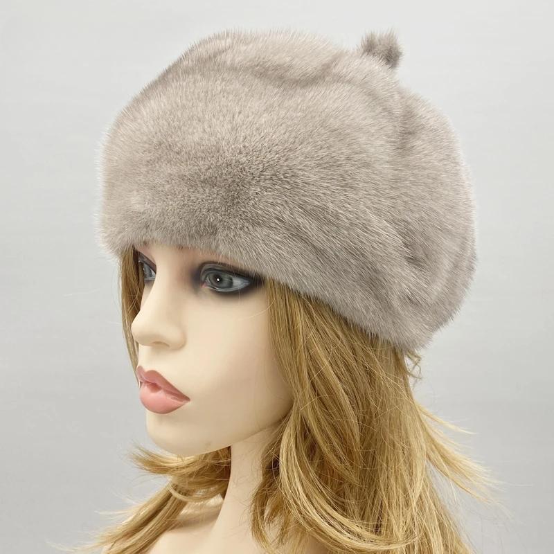 Luxury Mink Fur Hats for Women Winter Warm Solid Genuine Fur Cap High Quality Female Fur Hat