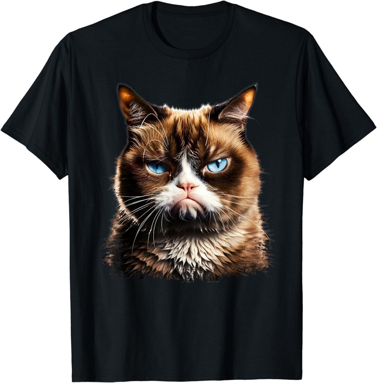 PamLeR Grumpy Face Funny Cat Graphic for Men Women Boys Girls T-Shirt (Black, M) S