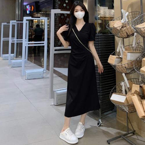 

Large size coffee break V-neck pleated waist dress women s summer fat mm French gentle temperament slim and thin skirt S чёрный