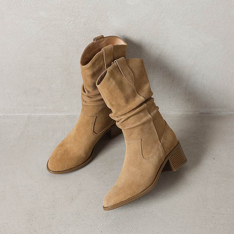 Krazing Pot Cow Suede Nubuck Winter Round Toe Modern Boots Med Heels Slip On Pleated Decoration Women Mid-calf Boots