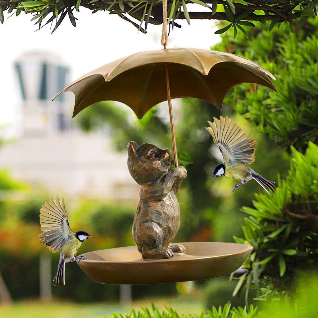 Animal Bird Feeder With Umbrella - Cute Squirrel//Dog Holding Umbrella Design Bird Feeder - Metal Feeders For Garden Yard Decor, For Birds Lovers