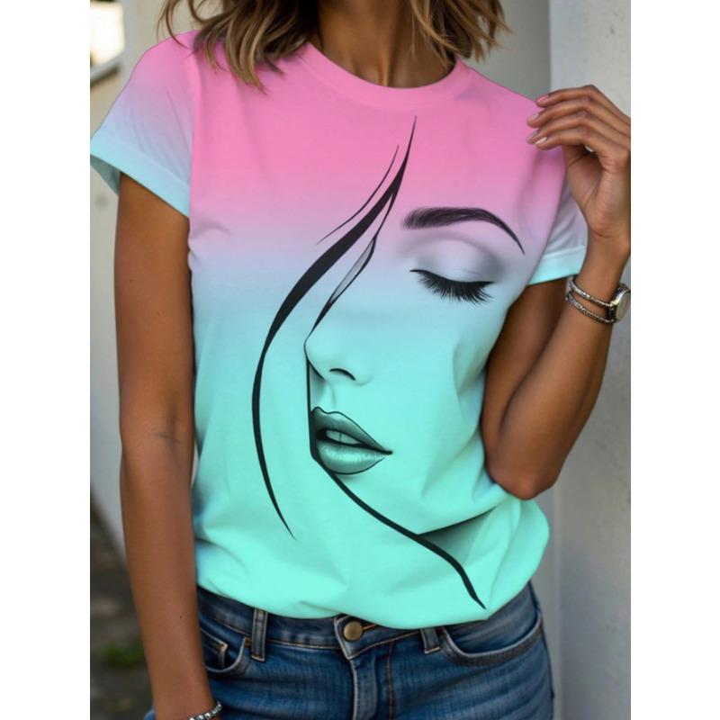 Summer Round Neck 3D Facial Depiction Pattern Print Top Fashionable Casual Short Sleeved Women's T-shirts