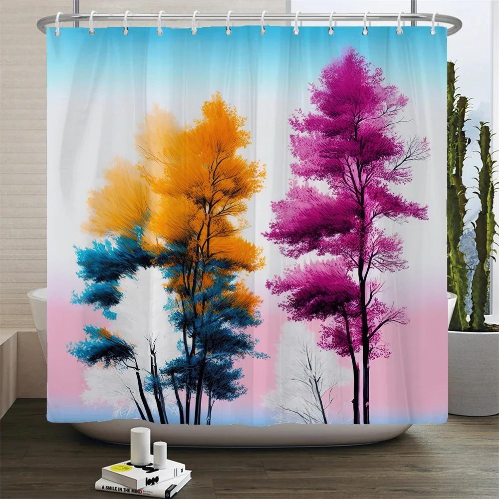 Stunning Watercolor Trees Print Water-resistant Shower Curtain with Artistic Design and Soft Colors for Vibrant Bathroom Decor