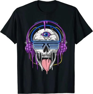 2024 Summer Tops New Limited Psychedelic Skull Headphones Psytrance Techno Edm Festival T-Shirt Men Clothing