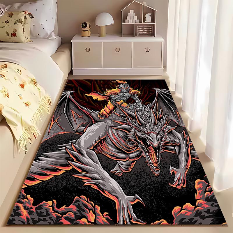 Fire Dragon and Knight Battle Design Carpet, Black and Red Theme Suitable for use as an anti-slip for living room bedroom sofas