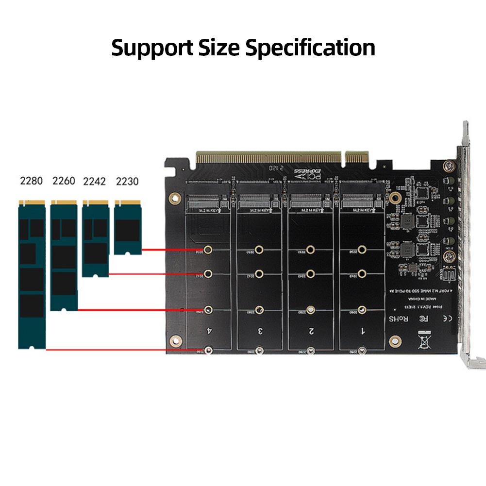 PH44-F 4 Disk M.2 NVME M KEY SSD To PCIe 4.0 X16 Adapter with Heat Sink PCIe 4 X16 Switch To 4 Ports M.2 Adapter Card 4 X 32Gbps