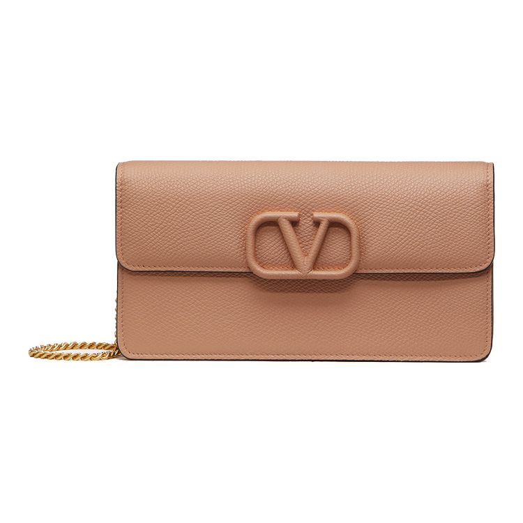 Valentino Vlogo Signature Grain Calfskin Chain Shoulder Bag Clutch Tote Wallet Women Bags Cinnamon-Pink ZW2P0-S93RQR-GF9