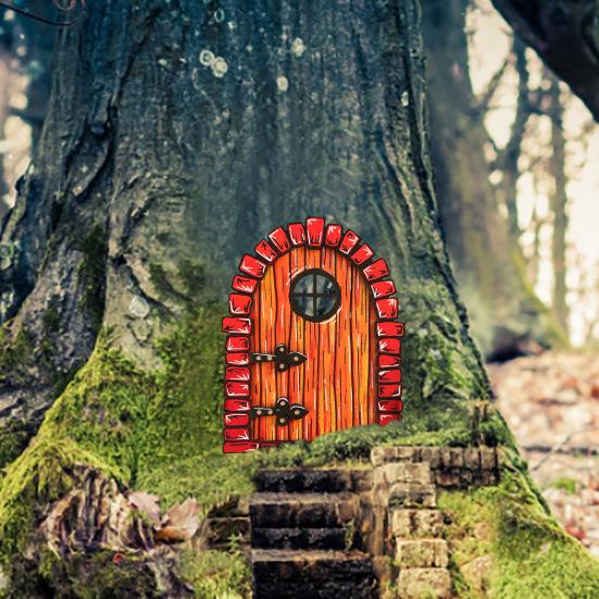 Garden Tree Fairy Door Decoration Outdoor Miniature Wooden Elf Door Ornament Fairytale World Tiny House Door Figurine Statue Sculpture Fairy