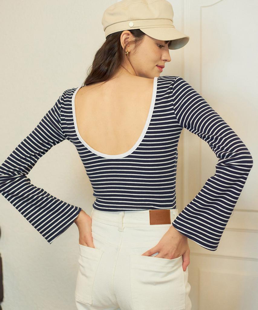 SALON DE YOHN Back Point Stripe T_ Navy