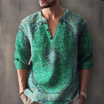Men Bohemian Paisley Print Henley Neck Long Sleeve Shirt Casual Loose Fit Tunic Top