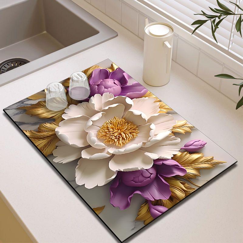 3D Floral Diatom Mud Drain Pad - Heat-Insulating, Quick-Drying, Non-Slip Kitchen Mat