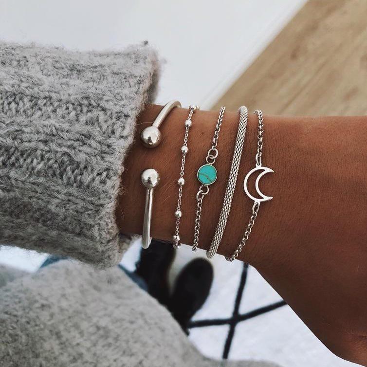 5Pcs Vintage Geometric Stone Charm Bracelet Set For Women Retro  Color Moon Wrist Chain Open Bangle Lady Boho Jewelry