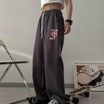 Kadınlar için Sonbahar ve Kış Aylarında Pamuk Büyük Beden Baskılı Günlük Spor Pantolonlar Yeni Bol Tasarım ve Kişilik Koyu Gri Düz Kesim Pantolonlar