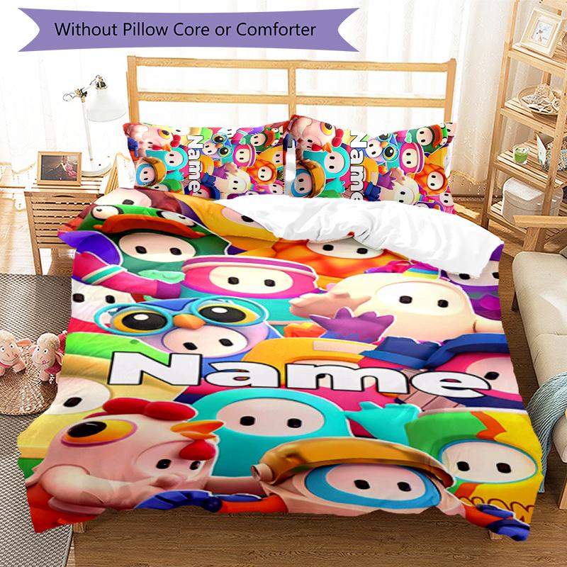 3pcs Custom Name Stumble Guys Bedding Set Duvet Cover Closure Includes 1 Duvet Cover & 2 Pillowcases for All Seasons Bedroom Decor