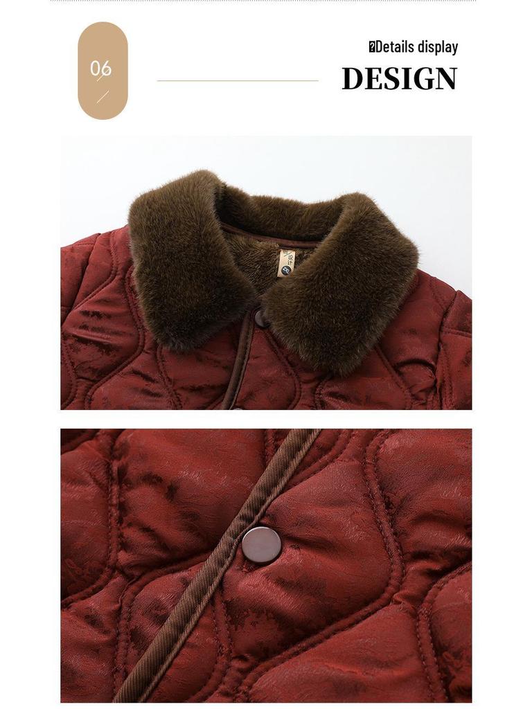 Stylish Floral Velvet-Enhanced Cotton Jacket for Middle-Aged Women - Short, Warm Autumn/Winter Wear for 50+.