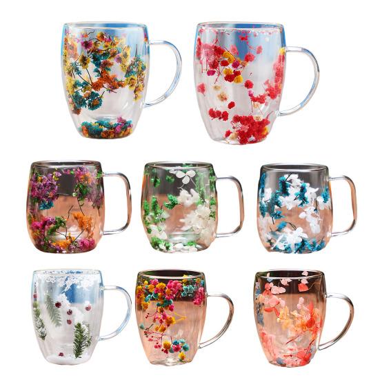 Double-Wall Glass Mug 350ml Heat-Resistant Flower Coffee Tea Cup Insulated Cup for Hot Cold