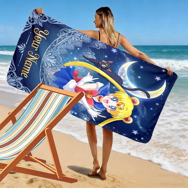 Name Custom Magic Sailor Girl Print Beach Towel, Large Soft Quick Dry Towel for Beach Camping Swimming
