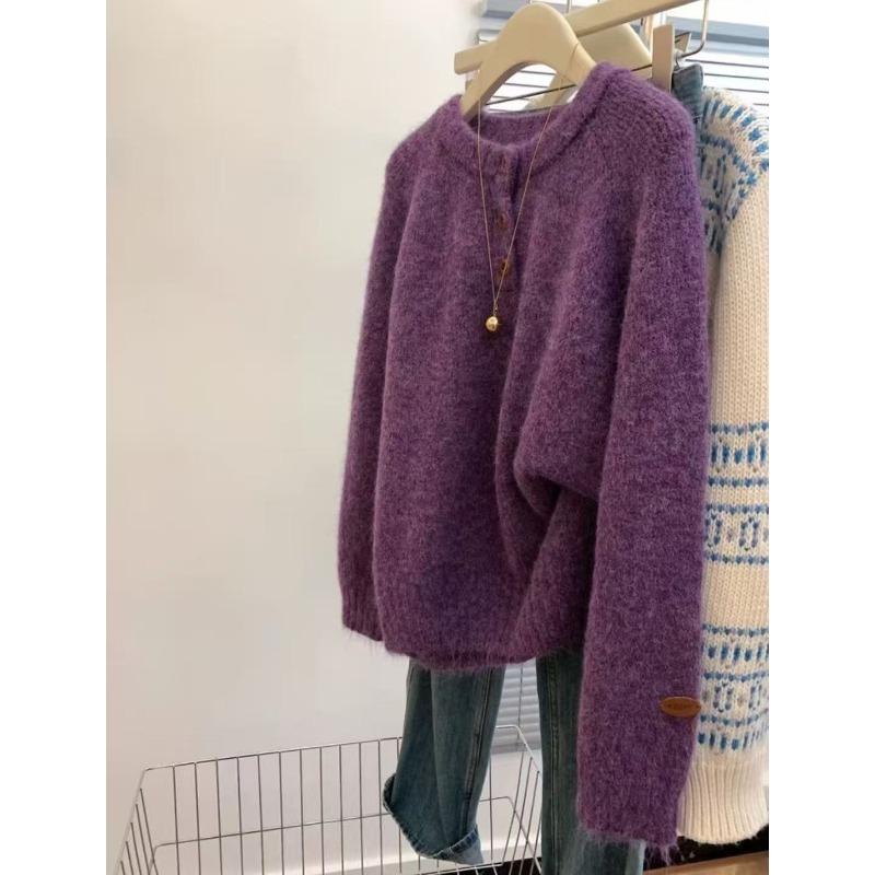 

Gray retro loose crew neck sweater for women, small, thickened inside, autumn and winter can be worn outside, bottomed high-end top L фиолетовый