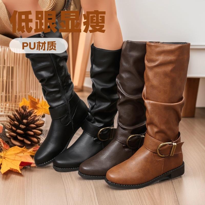 2025 foreign trade autumn and winter new Martin boots low heel women's leather boots foreign trade pleated large size women's boots