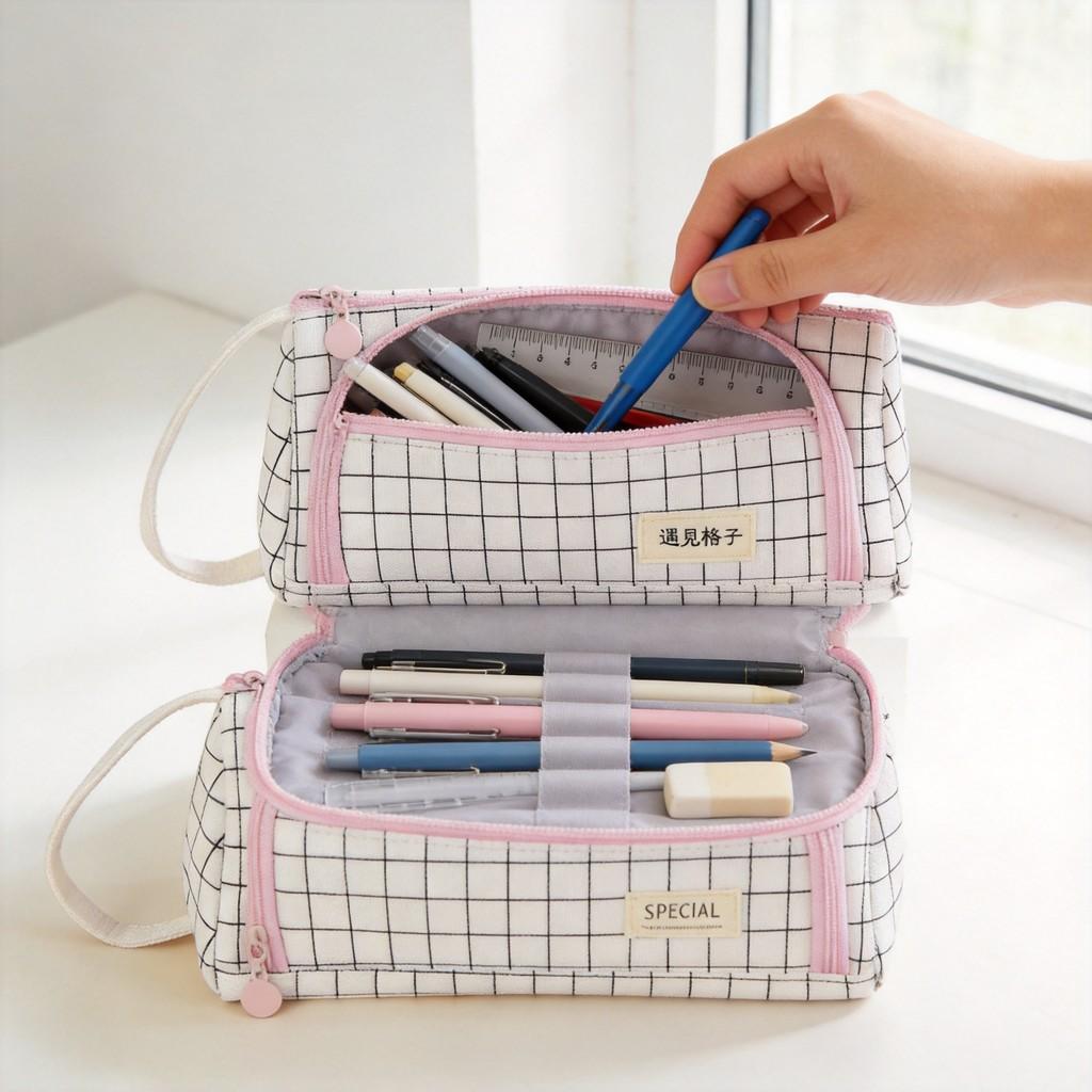 Modern Canvas Pencil Bag With Large Capacity And Grid Design For School Supplies