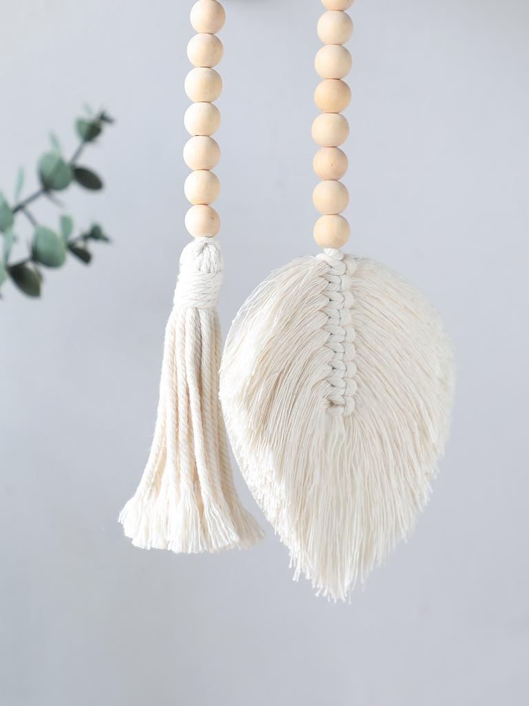 Wood Bead Rope Macrame Leaf Wall Hanging Home Decor Rustic Tassel Wall Decor Handmade Room Ornament Boho Home Decoration Gift