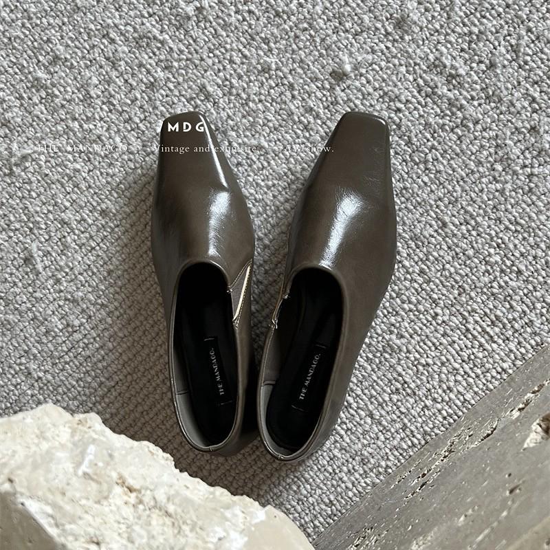 2024 Autumn Retro Square Toe Soft Leather Block Heel Shoes