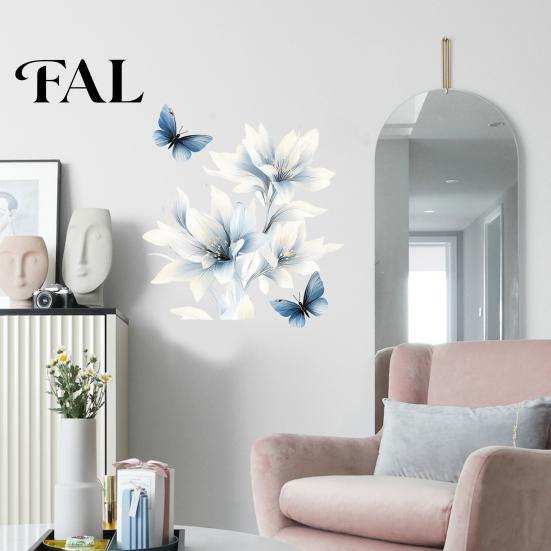Adesivi Decorativi per Piastrelle del Bagno, Adesivi Murali Floreali Blu Lavati all'Inchiostro con Farfalle, Gigli Delicati da Staccare e Attaccare, Soggiorno Camera da Letto